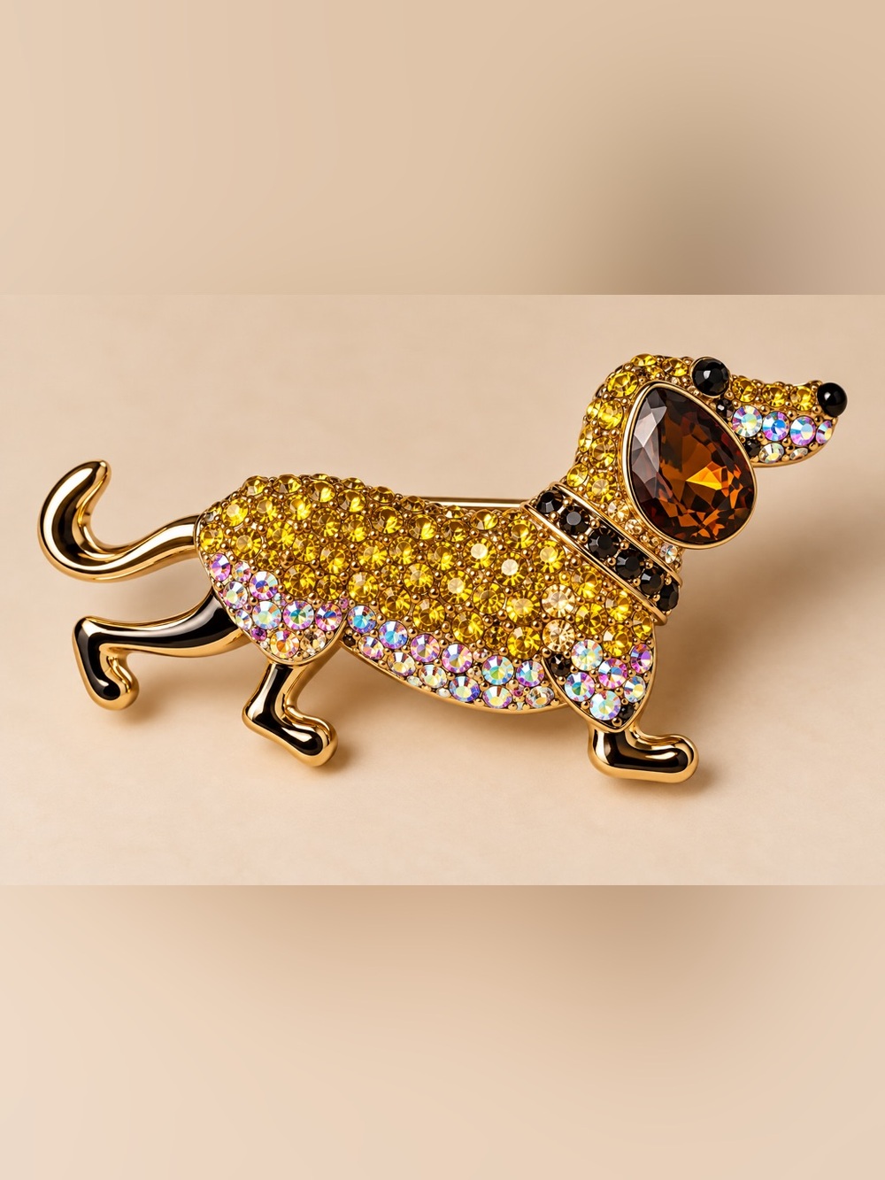 Gold Crystal Dachshund Dog Brooch - Brand